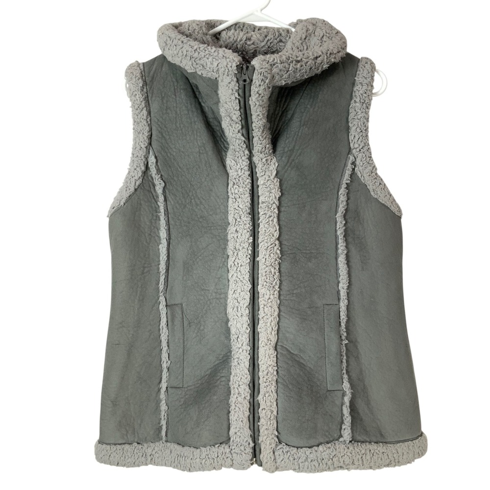 Big Chill Gray Faux Suede Vest L Full Zip Funnel Neck Sleeveless Sherpa Trim